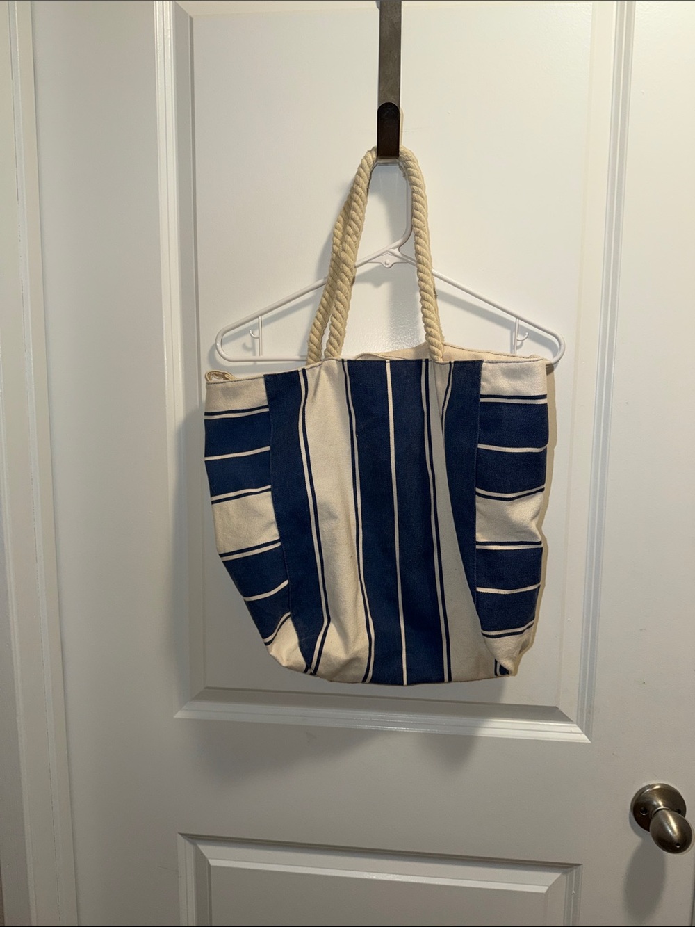 Lancome Navy and Cream Striped Rope-Handle Tote
